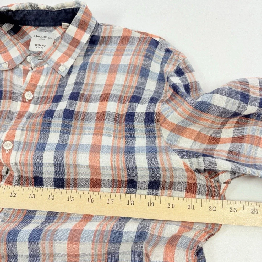 Baird McNutt Mens Linen Shirt Murano Slim Fit Blue Orange Plaid Button Up‎ Large